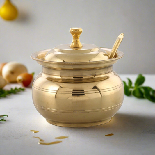 Brass Ghee Pot with spoon and Lid | 250 ML Capacity | 4 Inches | Traditional Utensil