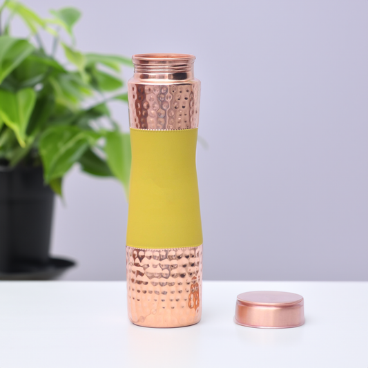 Pure Copper Water bottle Yellow silk finish with Half hammered design