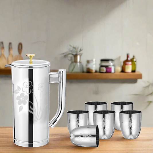 Stainless Steel Water Glass set of 6 with Jug | Laser and Plain Design | Premium Serveware
