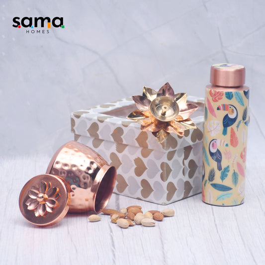 SAMA Homes - copper water bottle with container jar and floral candle holder set of 3