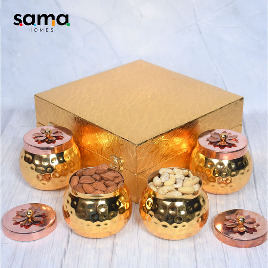 SAMA Homes - exclusive golden hammered dry fruit pot with gifting box set of 4
